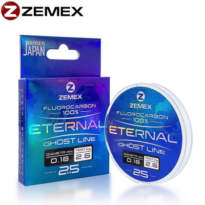 Леска флюорокарбоновая Zemex Eternal 100% Fluorocarbon диаметр 0,18мм размотка 25м прозрачный