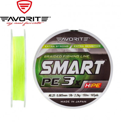 Трёхжильный шнур Favorite Smart PE 3x #0,6 диаметр 0,132мм размотка 150м флуорисцентно-жёлтый