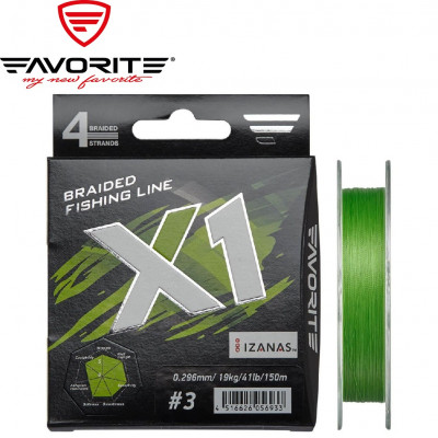 Четырёхжильный шнур Favorite X1 PE 4x #0,5 диаметр 0,117мм размотка 150м светло-зелёный