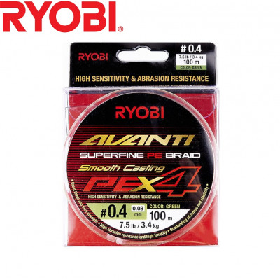 Четырёхжильный шнур Ryobi Avanti X4 GR #0,4 диаметр 0,08мм размотка 100м зелёный