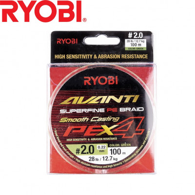 Четырёхжильный шнур Ryobi Avanti X4 GR #2,0 диаметр 0,22мм размотка 100м зелёный