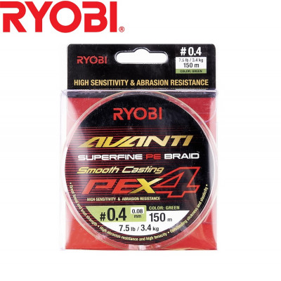 Четырёхжильный шнур Ryobi Avanti X4 GR #0,4 диаметр 0,08мм размотка 150м зелёный
